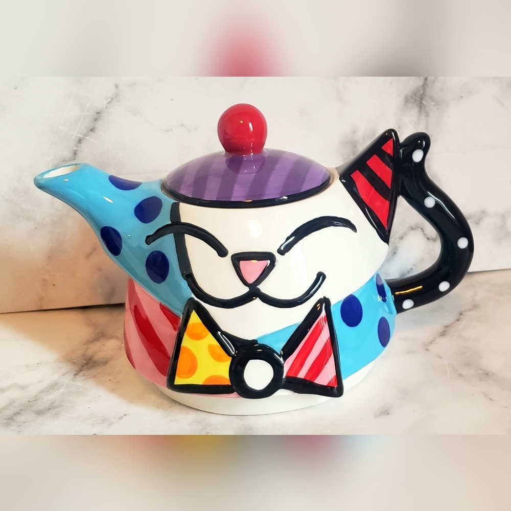 Vintage 2008 Romero Britto Multicolor Art Cat Teapot